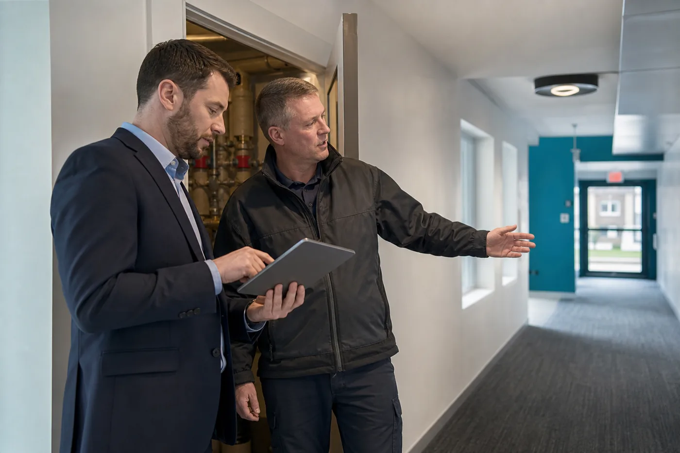 Gestionnaire et responsable d’immeuble inspectant un espace commun